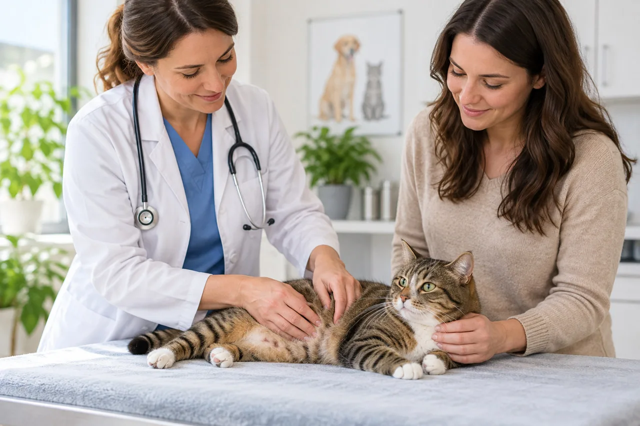 Veterinarian discussing a cat’s examination with its owner